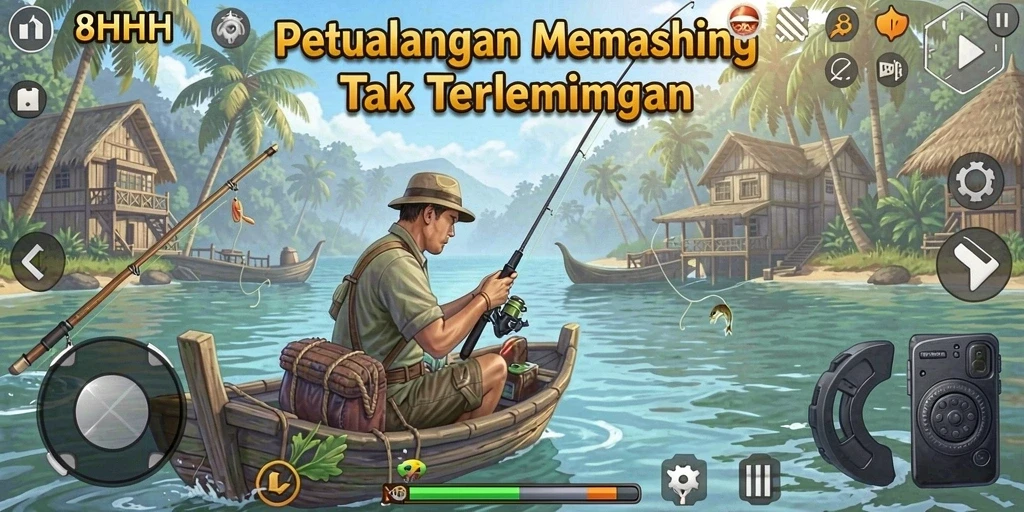 Screenshot gameplay 8HHH menunjukkan momen seru saat menangkap ikan.