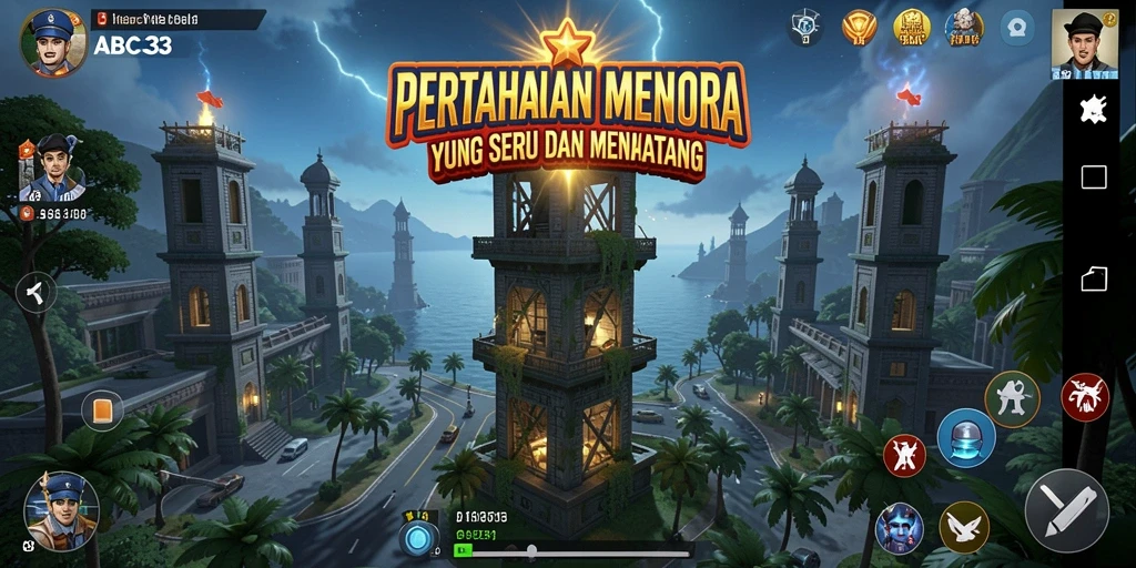 Tangkapan layar gameplay ABC33 menunjukkan menara yang siap melawan musuh.