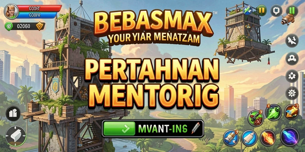 Screenshot utama BEBASMAX menampilkan gameplay menara yang mendebarkan.