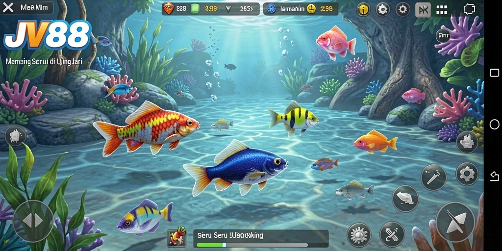 Tampilan gameplay JV88 yang menampilkan aksi memancing seru.