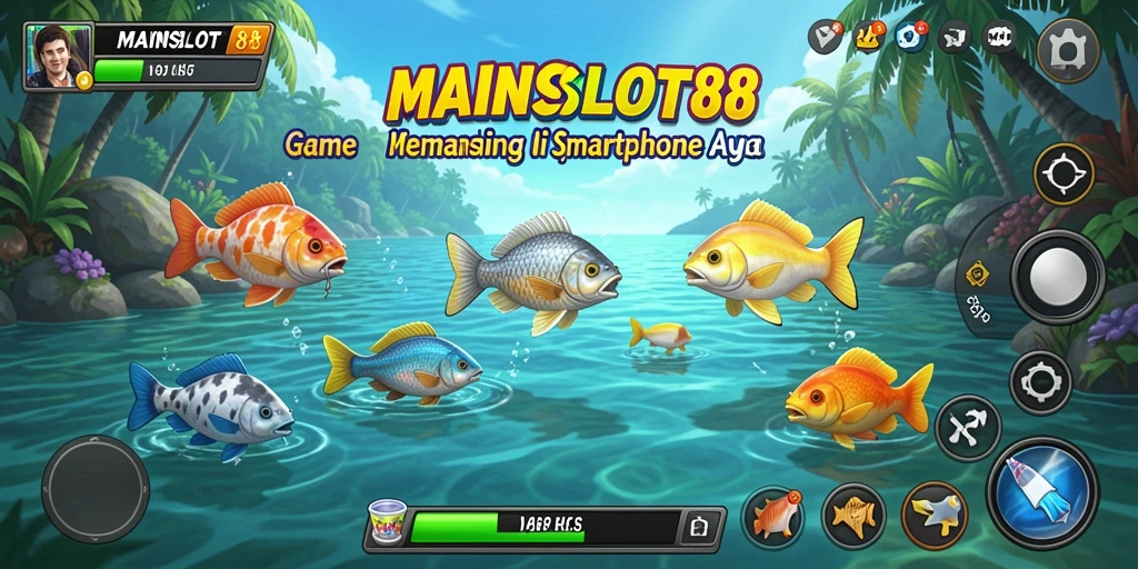 Screenshot utama MAINSLOT88 menampilkan momen menangkap ikan di lautan yang biru.