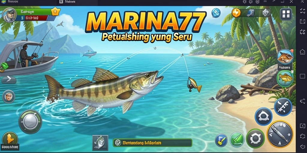 Screenshot gameplay <strong>MARINA77</strong> menunjukkan pengguna yang sedang memancing dengan latar belakang alam yang indah.