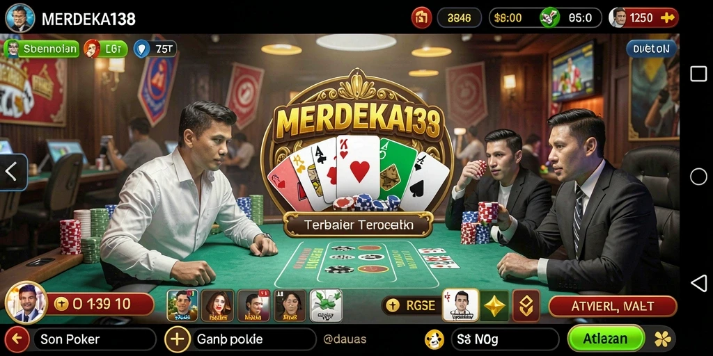 Tampilan gameplay seru di MERDEKA138 dengan suasana poker yang mendebarkan.