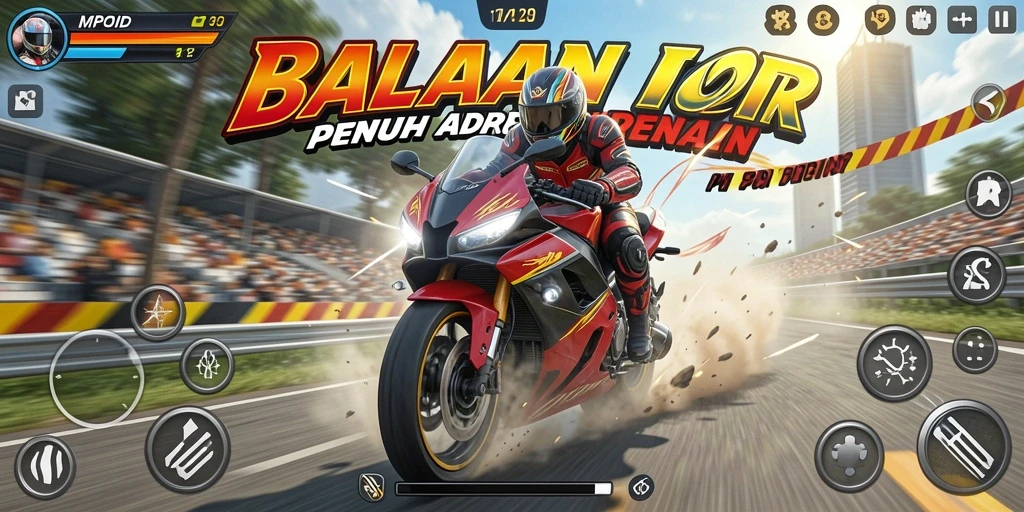 Tangkapan layar MPOID menampilkan balapan motor seru di tengah track.