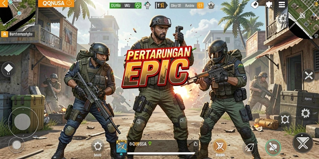 Tangkapan layar utama menampilkan aksi intens dalam game Battle Royale.