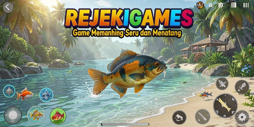 Screenshot gameplay REJEKIGAMES yang menunjukkan aksi memancing yang seru.